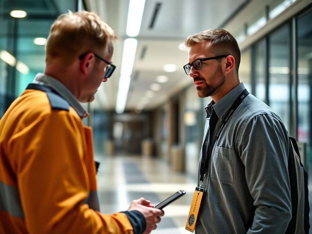 Consultant assessing building access control at an entrance